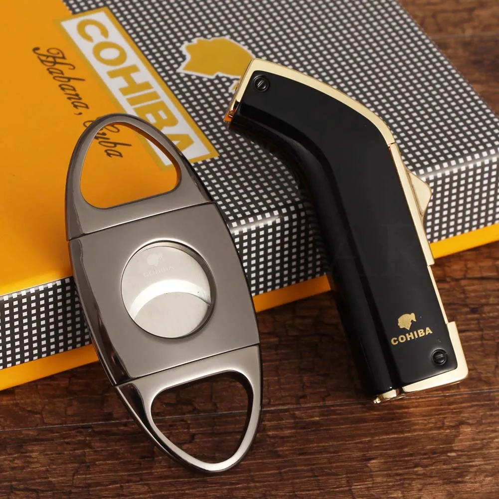 COHIBA металлический резак для Сигар Зажигалка Набор 2 струйный фонарь пламя ветрозащитные газовые зажигалки карманный портативный резак для сигар острое лезвие