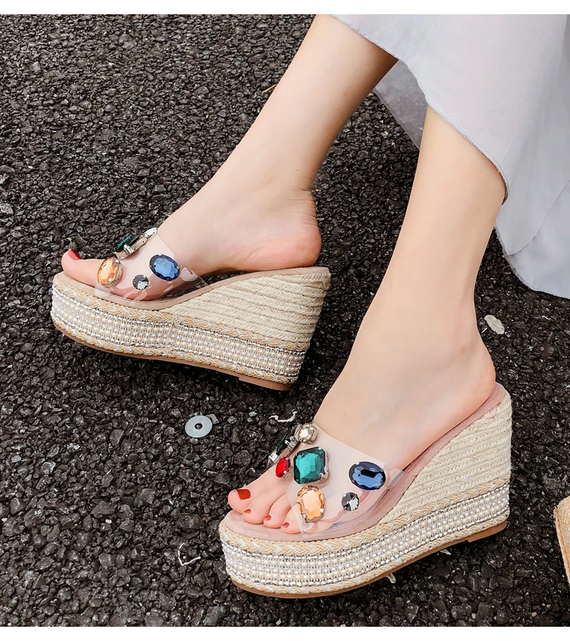 Цвет стразы Тапочки Для женщин каблуки; Espadrilles; женские летние туфли на платформе Дамская мода шлепанцы без задника с открытыми пальцами на высоком каблуке, под платье сандалии