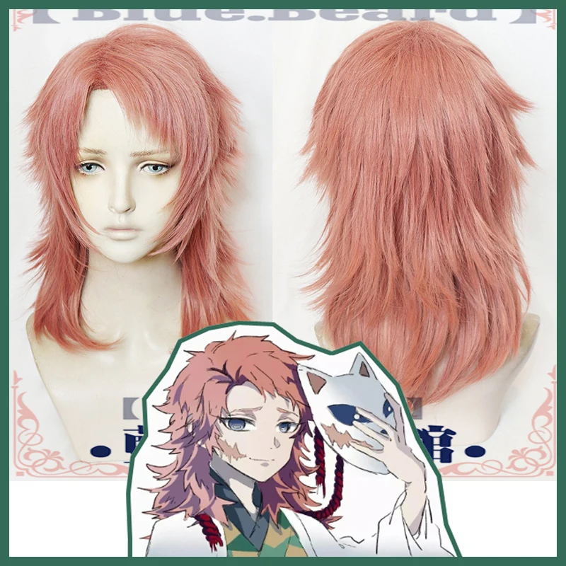 Online Kimetsu no Yaiba Sabito Cosplay peluca cuchilla de demonio Slayer naranja claro Halloween Anime pelo sintético