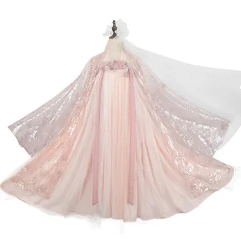 

Traditional Female Hanfu Chinese Style Wide Sleeves Flow fairy Skirt High-waisted Chest-high Dress - Top + Veil + Skirt XXL