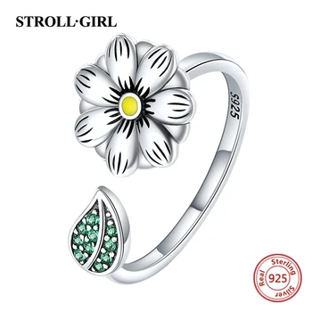 

StrollGirl 925 Sterling silver flower finger rings green zircon leaves open size rings for Women 2020 Valentine's Jewelry gift