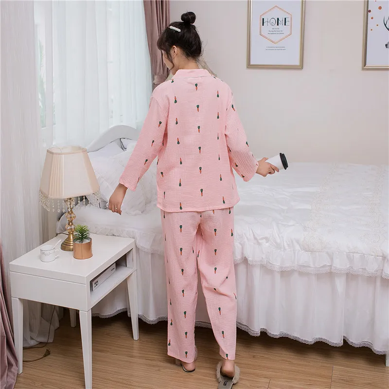 Full Printed Carrot Picture Cotton Cardigan V-neck Pajamas Set for Ladies Autumn and Winter Cute Sweet Home Clothes Women Pijama