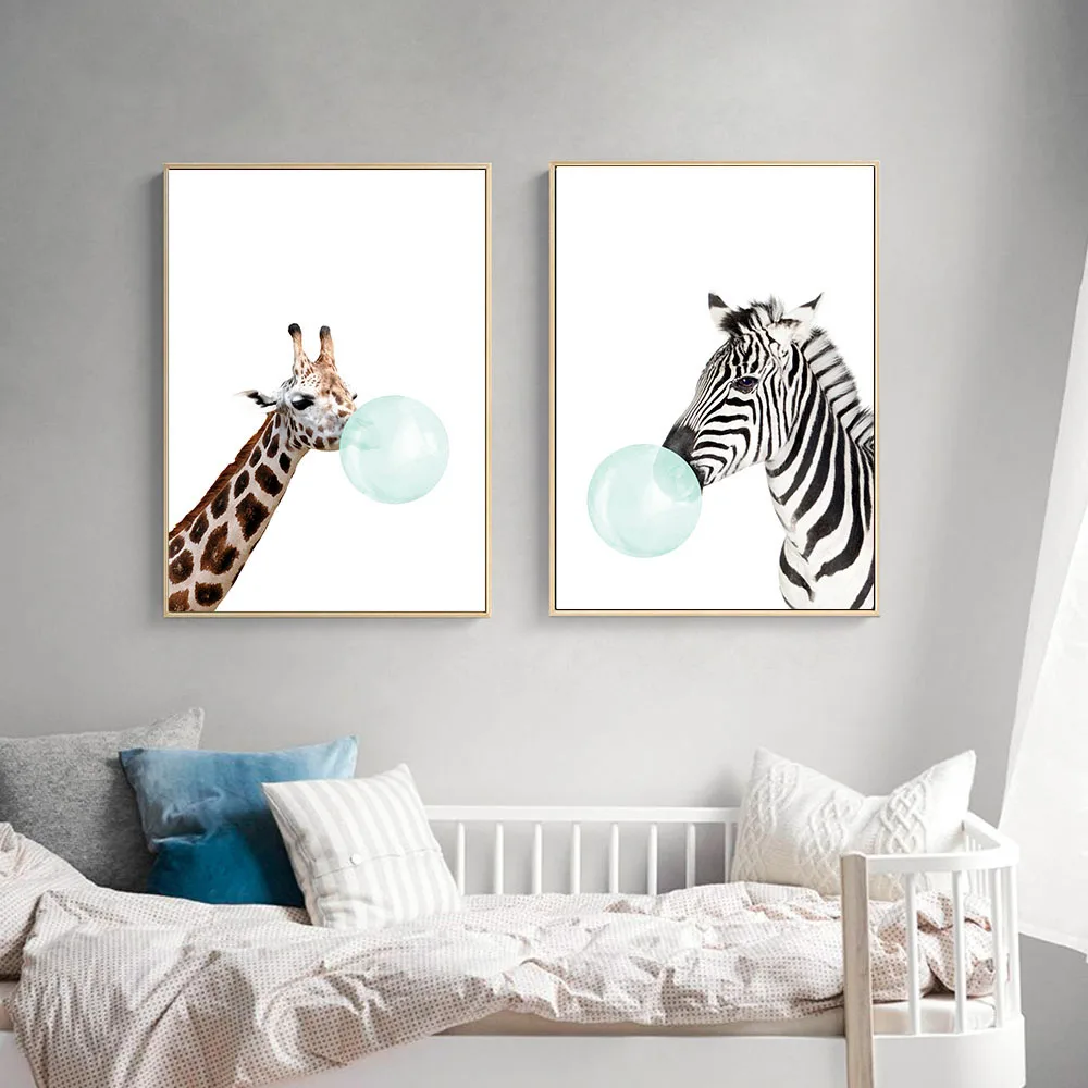 Baby Blue Bubbles Animal Zebra Girafe Canvas Poster Nursery Wall Art Print Painting Nordic Picture Children Bedroom Decoration