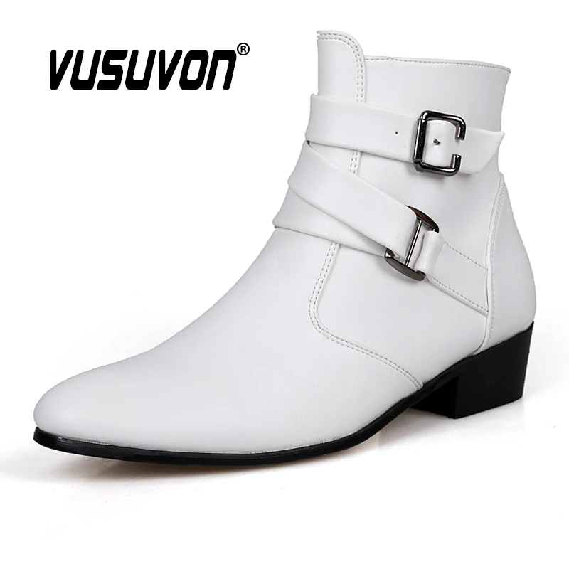 Fashion Men Spring Autumn Pointed Toe Height Increase Chelsea Ankle Boots Western High Top Casual Shoe PU Leather men chelsea boots men leather shoes