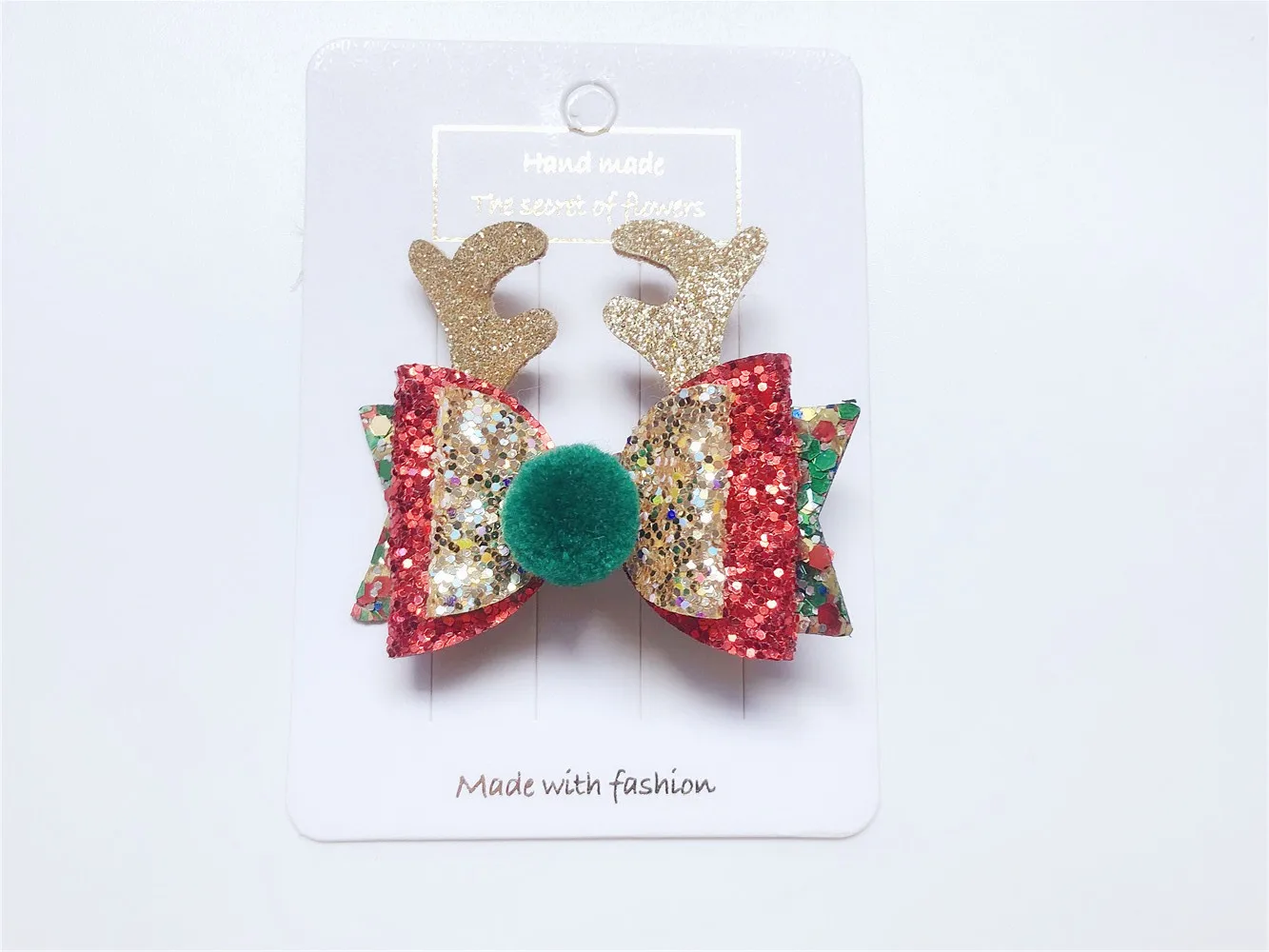 20pcs ins Fashion Glitter Reindeer Ears Bowknot Hair Clips Solid Pom Pom Bow Hairpins XMAS Headwear Boutique Hair Accessories