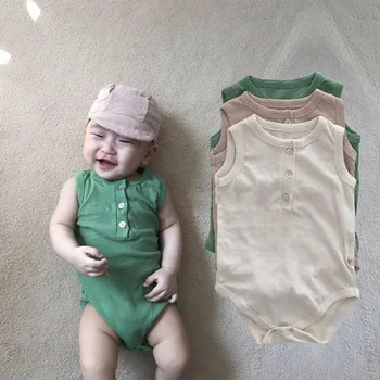 

2020 New Korean Japan Style Baby Girls Boys Clothes Summer Baby Bodysuits Buttons Sleeveless Infant Girls Jumpsuit Outfit