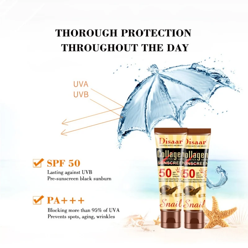 Отбеливающий антивозрастной контроль масла SPF 50 для ухода за кожей лица Коллаген экстракт из улиток солнцезащитный крем Увлажняющий анти-УФ крем от солнца