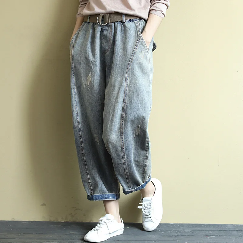 Autumn Winter Jeans Women Elastic Waist Loose Casual Denim Pants New Ladies Washed Pocket All-match Denim Trousers - Color: Sky blue