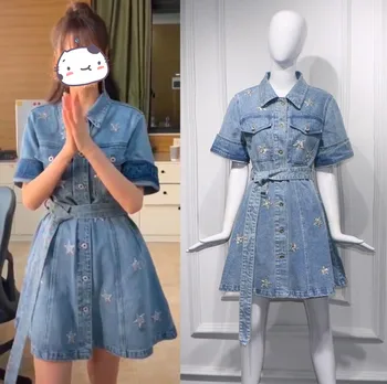 

2019 autumn Fashion Streetwear Sequins Stars Denim Dress Women Casual jean shirt Dress Single-breasted With Belt Dresses w911