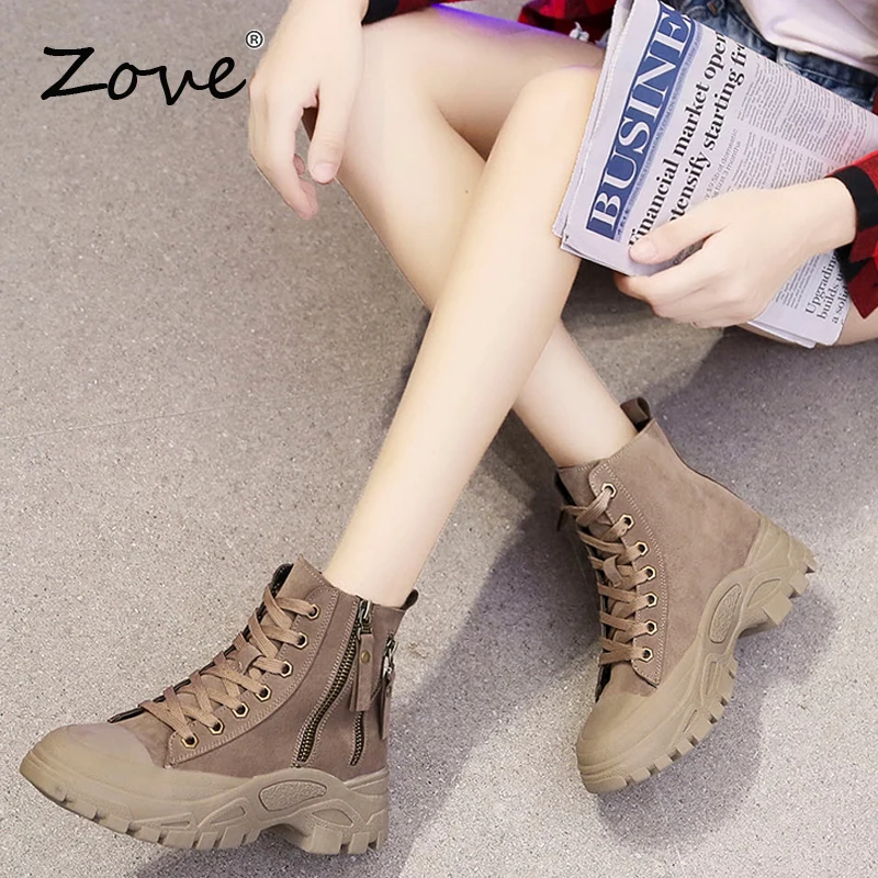 

ZOVE Women Booties 2019 Autumn Woman Flat Platform Boots Lace Up Work Boot Shoes Short Boots Ladies Femme Fashion Boots