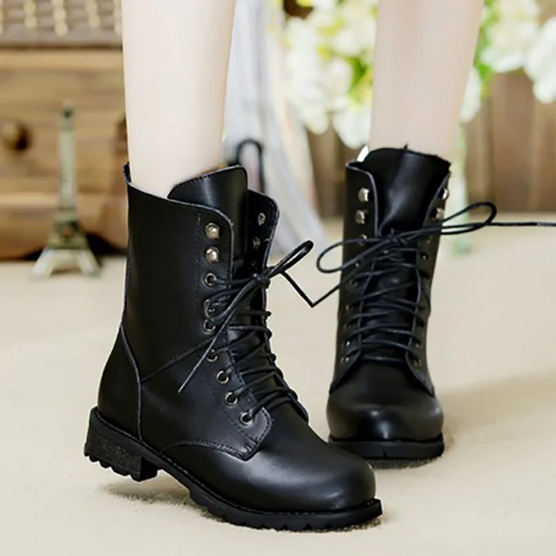 

Motorcycle Boots Ladies Vintage Combat Autumn Boots Army Punk Goth Women Boots Women Biker PU Leather Short Boots tyh6