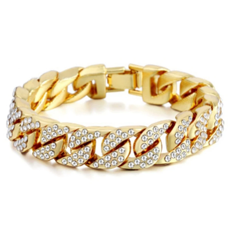 14mm Cuban Bracelet For Men Gold Silver Color Hip Hop Rhinestones CZ Rapper Bracelet Jewelry