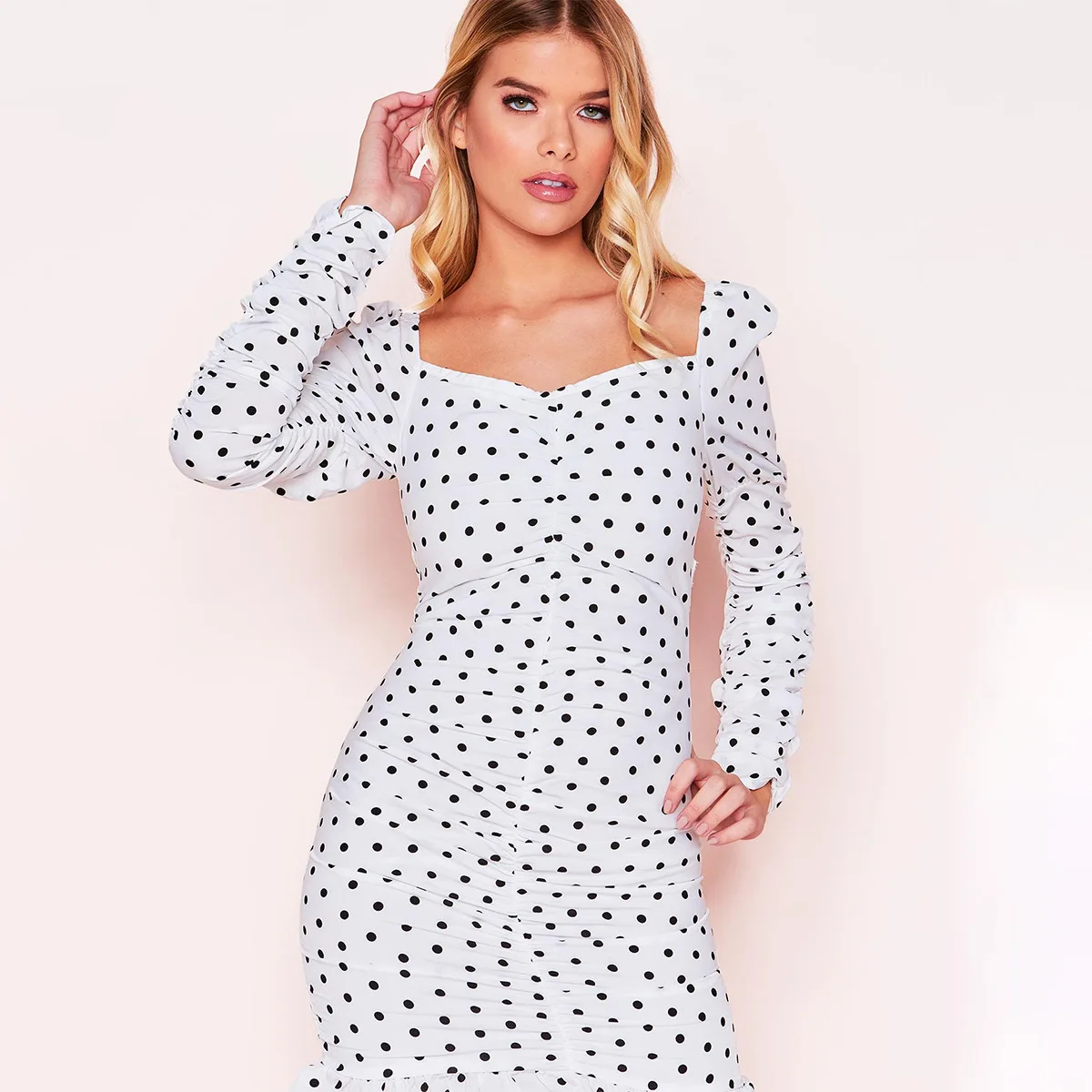 

Sexy V-Neck Full Sleeve Mini Dots Vintage Retro Style Women's Laides Sheath Bodycon Dresses