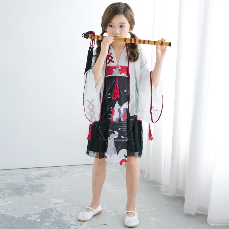 Японские традиционные маскарадные костюмы; Кимоно для девочек; 3 предмета; платья для детей; банный халат для девочек; кружевное детское кимоно с журавлем - Цвет: White set