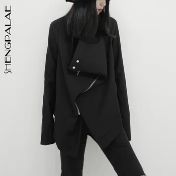 

SHENGPALAE 2020 New Fashion Spring Long Sleeve Black Niche Short Personality Irregular Shaped Collar Zipper Jacket Women ZA2857