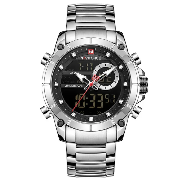 Лидирующий бренд NAVIFORCE, мужские военные модные часы, кварцевые наручные часы, сталь, водонепроницаемые, двойной дисплей, мужские часы, Relogio Masculino - Цвет: silver