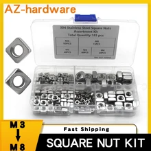 

304 Stainless Steel Square Nut Combination Set M3 M4 M5 M6 M8 Metric Square Nut Kit Boxed Four-Sided Square Nut 185PCS