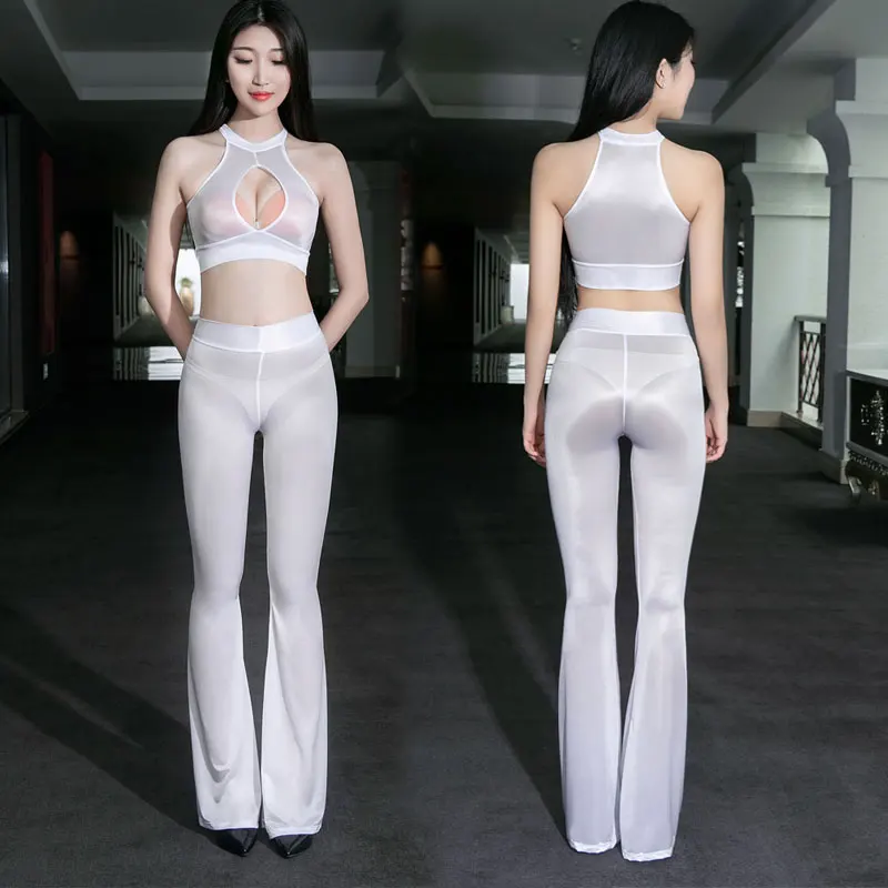 

Sexy Women Shiny Flare Pants Elasticity Smooth Sexy Hips Capris High Waist Sheer See Through Sexy Tight Candy Color F2