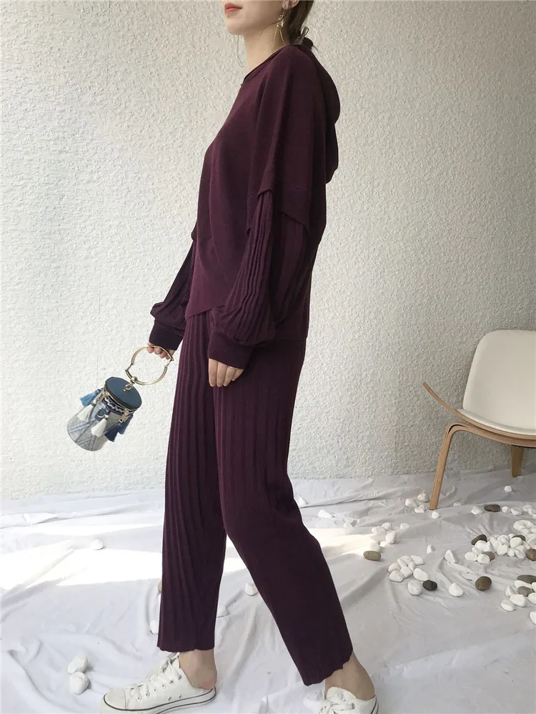 XITAO комплект из двух предметов с капюшоном и воротником, плиссированный трикотажный топ в стиле пэчворк для женщин, элегантная Талия, полосатые длинные повседневные штаны, штаны для девочек, WLD2934