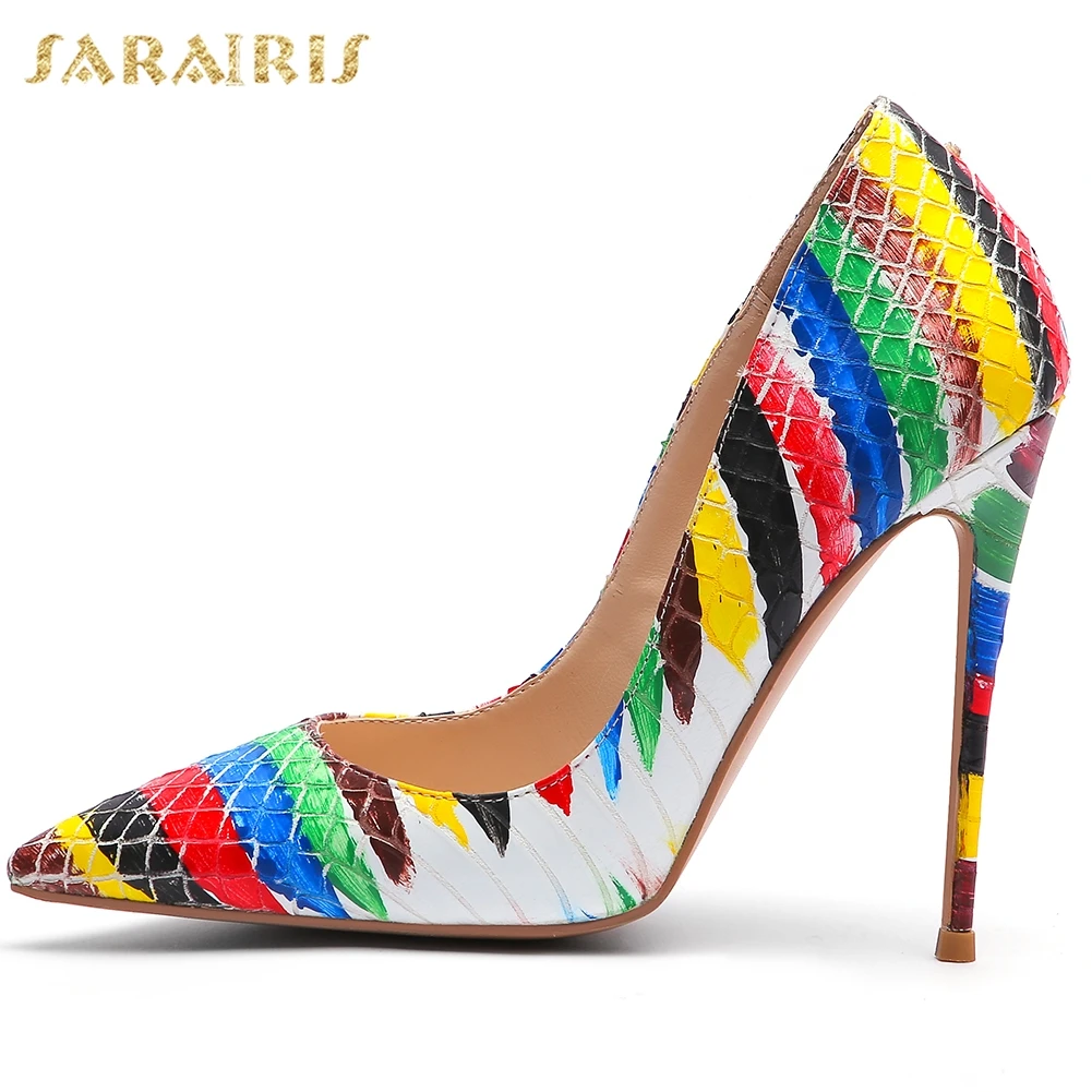 

Sarairis On Sale Customized Big Size 45 Sexy Fetish High Heels Rainbow Print Pointed Toe Slip On Party Women Shoes Woman Pumps