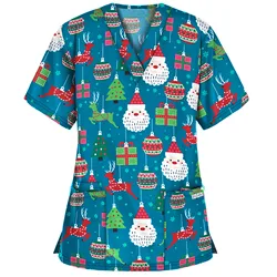 V-Neck Christmas Print Scrubs Tops Women Short Sleeve Uniforms Health Service Work Top Pet Grooming Beauty Salon Nurse Shirt A50