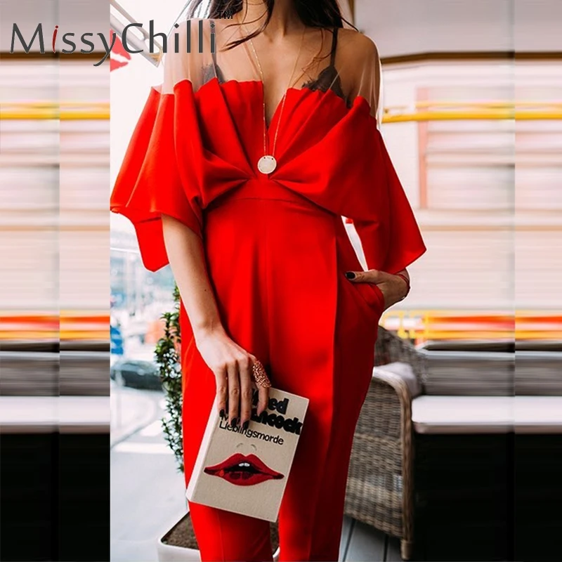 MissyChilli красный лоскутный плиссированный комбинезон для женщин Модный сексуальный комбинезон женский винтажный v шеи длинный костюм пляжного типа