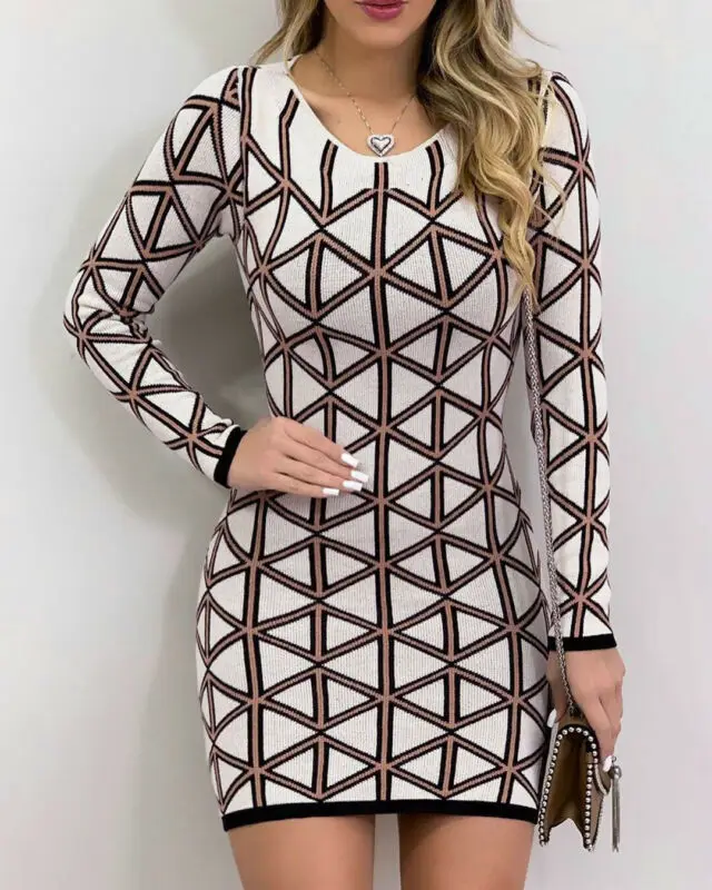 

Goocheer 2019 New Fashion Sexy Dress Womens Long Sleeve O Neck Bodycon Geometric Patterns Print Dress Party Slim Fit Dress