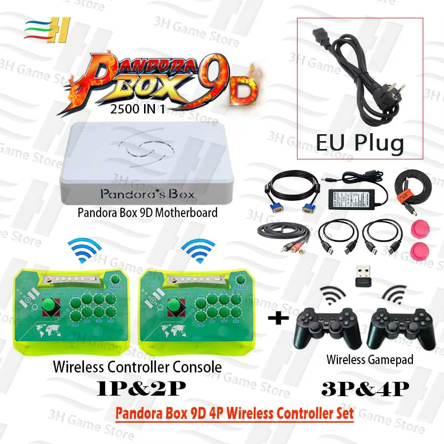 4P green wireless EU Pandora Box 9D 2500 В 1 беспроводной 4P контроллер Набор беспроводной аркадный контроллер консоль и беспроводной геймпад набор 3D игры tekken - Цвет: 4P green wireless EU