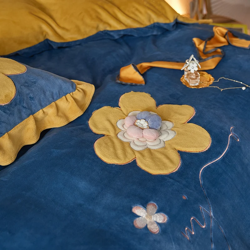Furry Quilt Cover Bed Comforter Set Bed Linen Pillowcases Super Soft Velvet Fleece Warm Cozy Sunflower Embroidery Bedding Set 42 He60f0b0d3d3f45a0b46aecb91f633f77o
