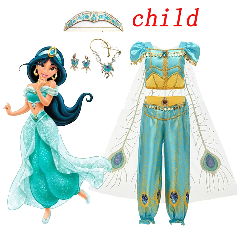 Jasmine Cosplay Costume Full Set Girls Princess Skirt Aladdin Costumes Necklace Crown Earring Jewelry Suit Halloween Dresses