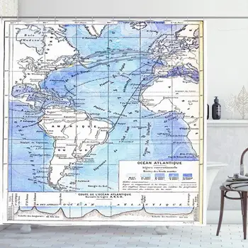 

Shower Curtain Set with Hooks 66x72 Inches Travel Map Atlantic Country Globewaterway Ocean Navigation Vintage Artwork Engraved