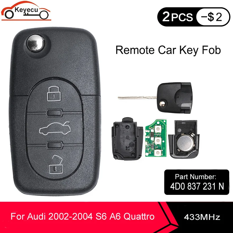 Запасная деталь KEYECU 3 кнопки 433 МГц 4D0 837 231 N 4D0837231N для Audi 2002 2004 S6 A6 Quattro с чипом