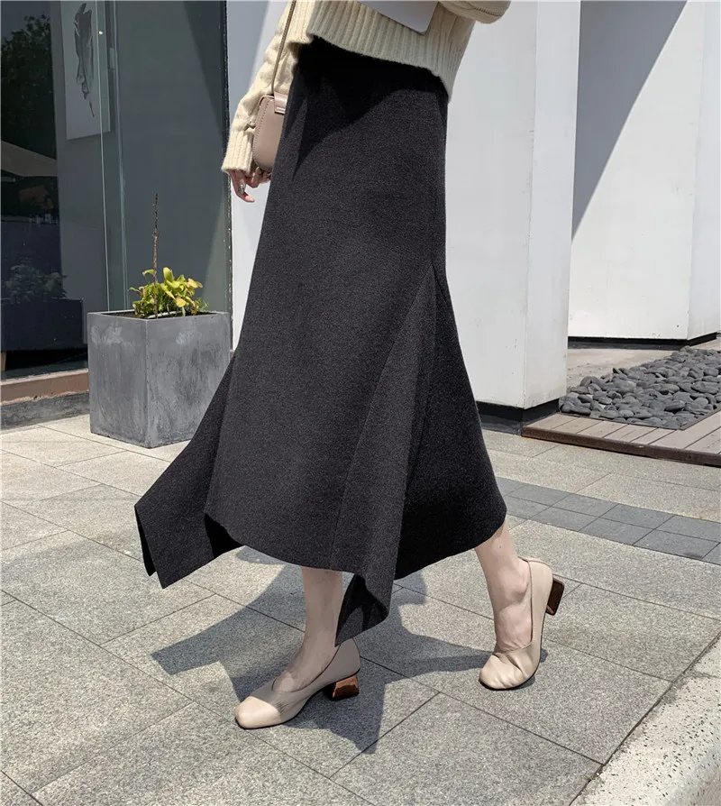 Новые женские асимметричные трикотажные зимние юбки с высокой талией однотонные плотные теплые длинные юбки корейский стиль женский Макси юбки Saias