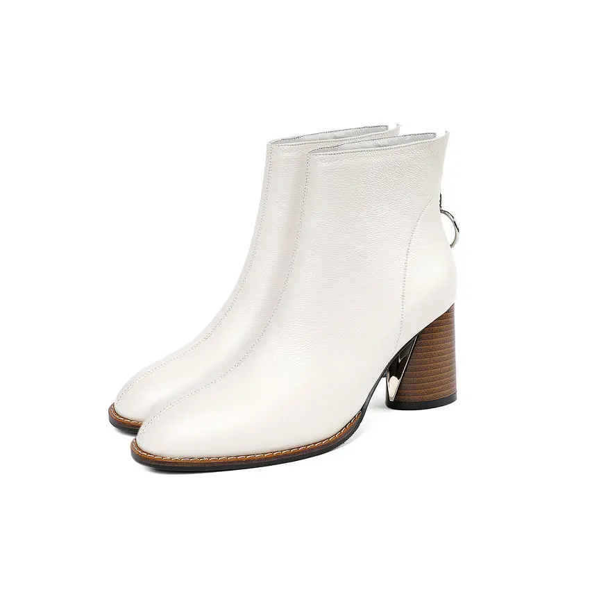 Beige ESVEVA/ г. Новые осенне-зимние выразительные ботильоны на высоком квадратном каблуке качественная женская обувь из коровьей кожи с круглым носком на молнии размер 34-41 - Color: Beige