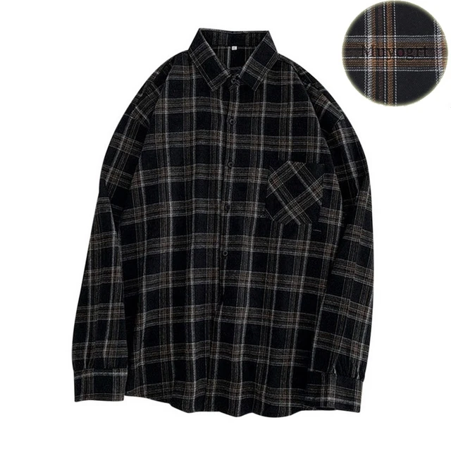 Muyogrt Women Shirt Plaid Oversized Brown Top Turn-down Collar Leisure Fashion Loose All-match Long Sleeves Soft Chic Korean Top Style1-BLACK