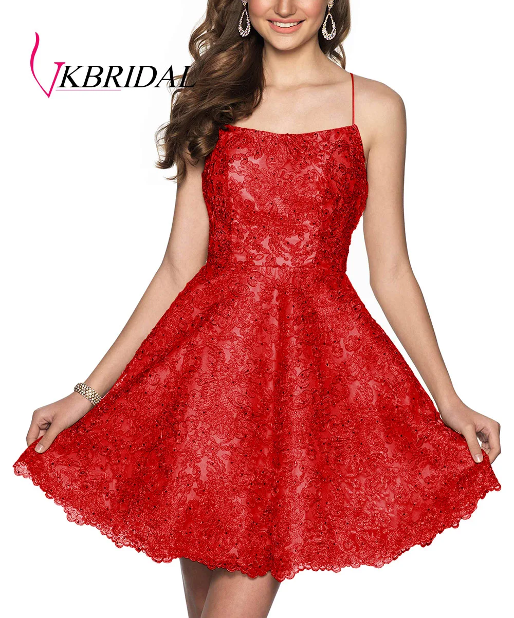 VKBRIDAL кружевные выпускные платься с бисером Короткие Спагетти ремни синий Vestidos de Graduacion с ремешками сзади - Цвет: Красный
