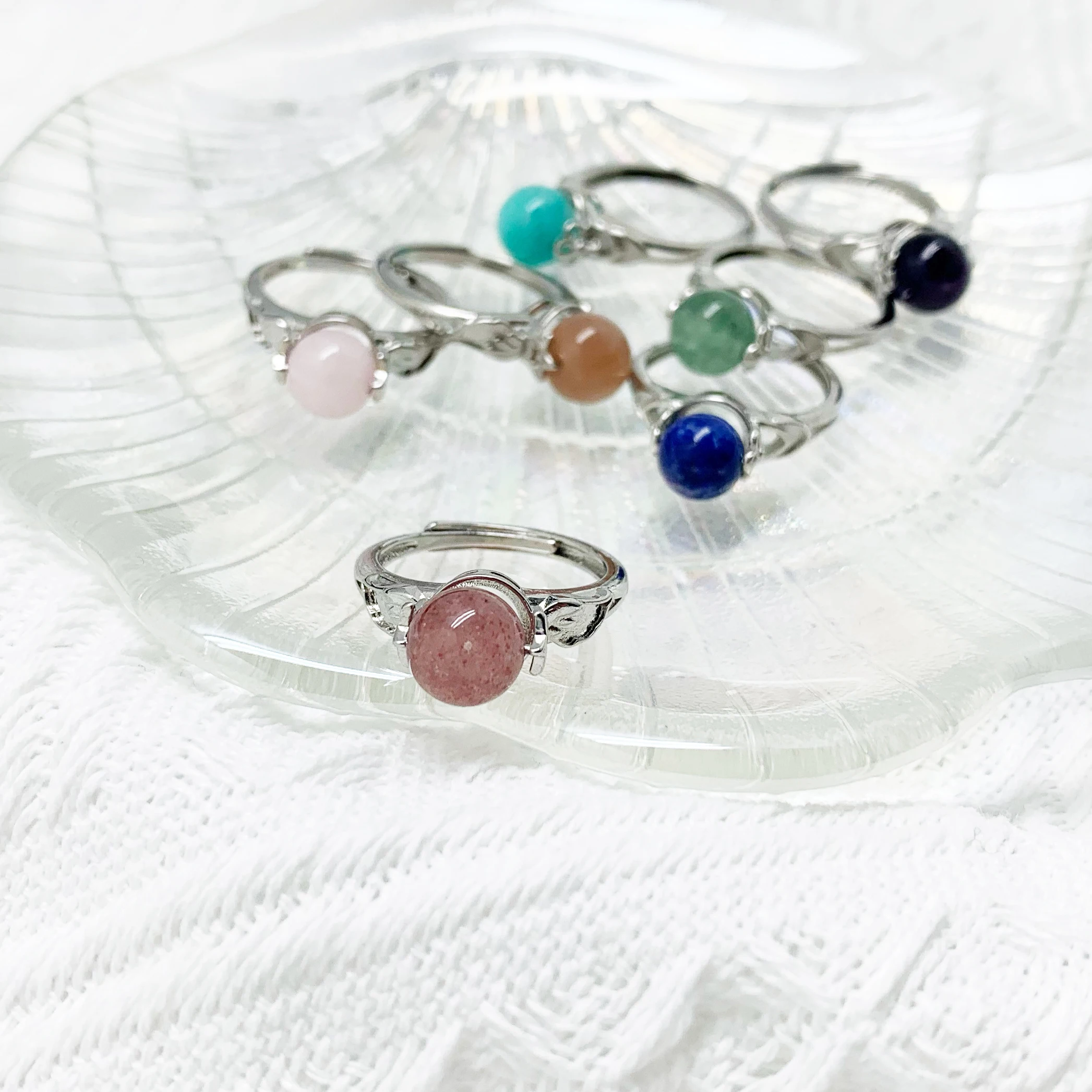 Momiji cristal aberto anéis para mulher rotatable natural pedra redonda grânulo anéis ágata opal jade anel de festa de casamento ajustável