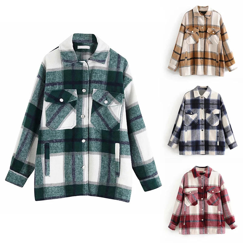 discount Plaid Overshirt Wool Blend Jacket Vintage Stylish Pockets Fashion Lapel Collar Long Sleeve Coat Cas