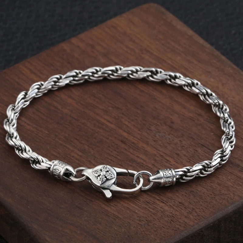 S925 sterling silver retro fashion fashion ramie bracelet men's and women's silver wrist jewelry