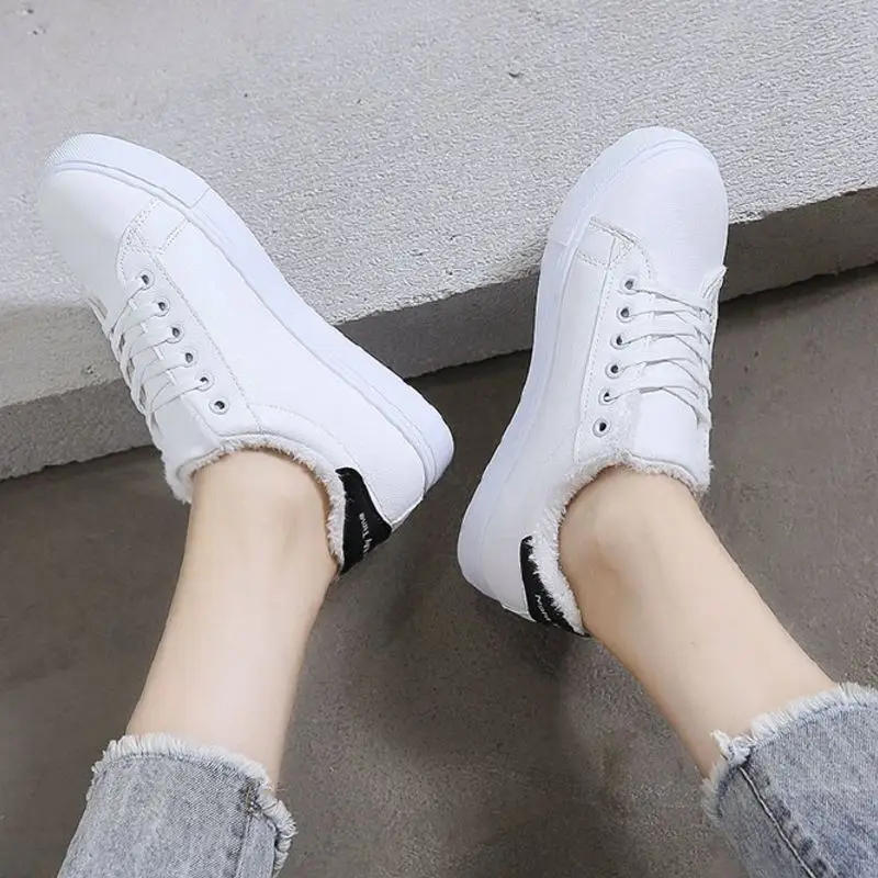 TAOFFEN Hot Sale Women White Shoes Vulcanized Sneakers Warm Casual Women Shoes Winter Fur Fashion Shoes Lady Footwear Size 35-39