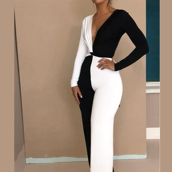 

Color block Twisted Women Clubwear 2PCS New Lady Sexy Skinny Bodycon Long Sleeve Tops & Pants Sets Clubwear Romper V Neck Suits