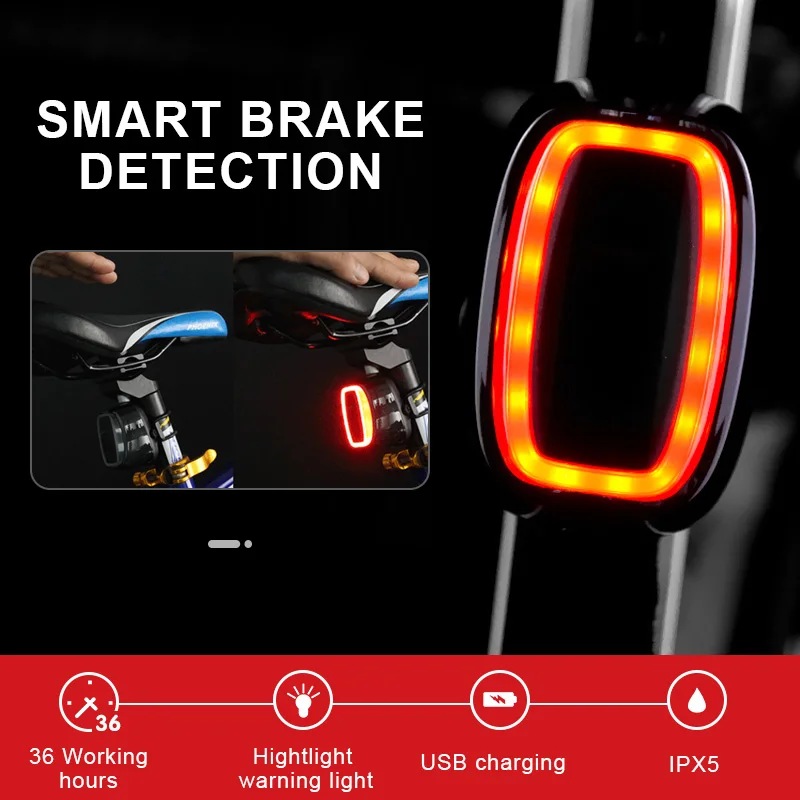Bike Taillight Smart Brake Detection Bicycle Rear Light LED MTB Warning Light Tail Lmap USB Rechargeable 6 Modes Cycling Lantern