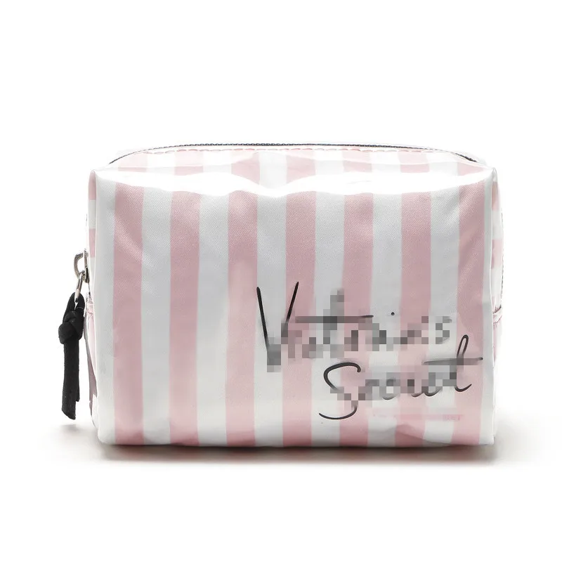 

2019 New Pink Stripe Travel Square Cosmetic Bag High Quality Portable Handbag Ladies Waterproof Cosmetic Bag