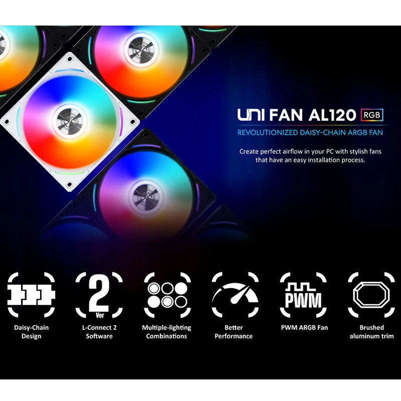 Lian li Uni Al120 Peças Kit Computador Case Ventilador Pwm Argb ar Cooler Aura Ventilador sem Cableless com Controlador 800 191900cfm 2.62mbh2o - Imagem 2