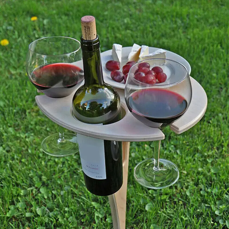 2022 New Portable Outdoor Wine Table Folding Outdoor Picnic Wine Table Wood Round Desktop Travel Beach Garden Furniture Sets