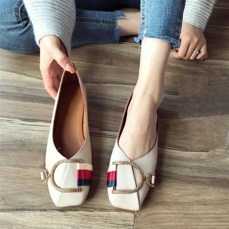 Лоферы женские повседневные мягкая кожа квадратный носок металлическая пряжка