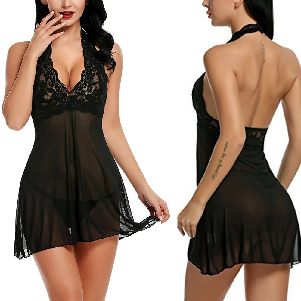 Lenceria-Mujer-Porno-Sexy-Sleepwear-Nightgown-Women-Lingerie-Halter-Erotic-Lace-Babydoll-V-Neck-Lenceria-Femenina-BLACK