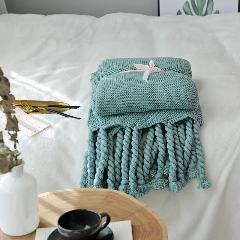 Простое воздухопроницаемое дорожное одеяло, вязаное одеяло с кисточками для кровати, чехлы для дивана, домашний текстиль, не скатывается, переносное одеяло - Цвет: Green