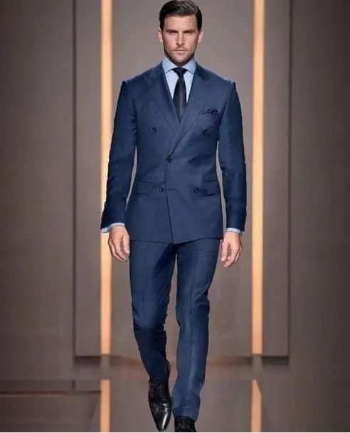 

Italian Style Navy Blue Groom Tuxedos Double Breasted Slim Fit Mens Wedding Party Suits Bridegroom Suits Blazer (Jacket+Pants)