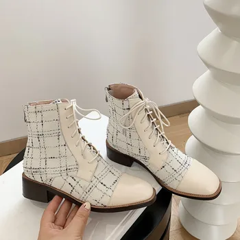 

kmeioo woman cowskin shoes winter ankle boots gingham short boots round toe chunky heels block heels